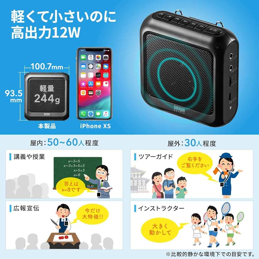 サンワ　ハンズフリー　拡声器　スピーカー 小型ながら高出力！実用最大出力13Wのハンズフリー拡声器